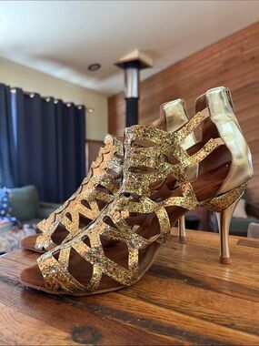 Gold Glitter Cutout Ballroom Dancing Heels